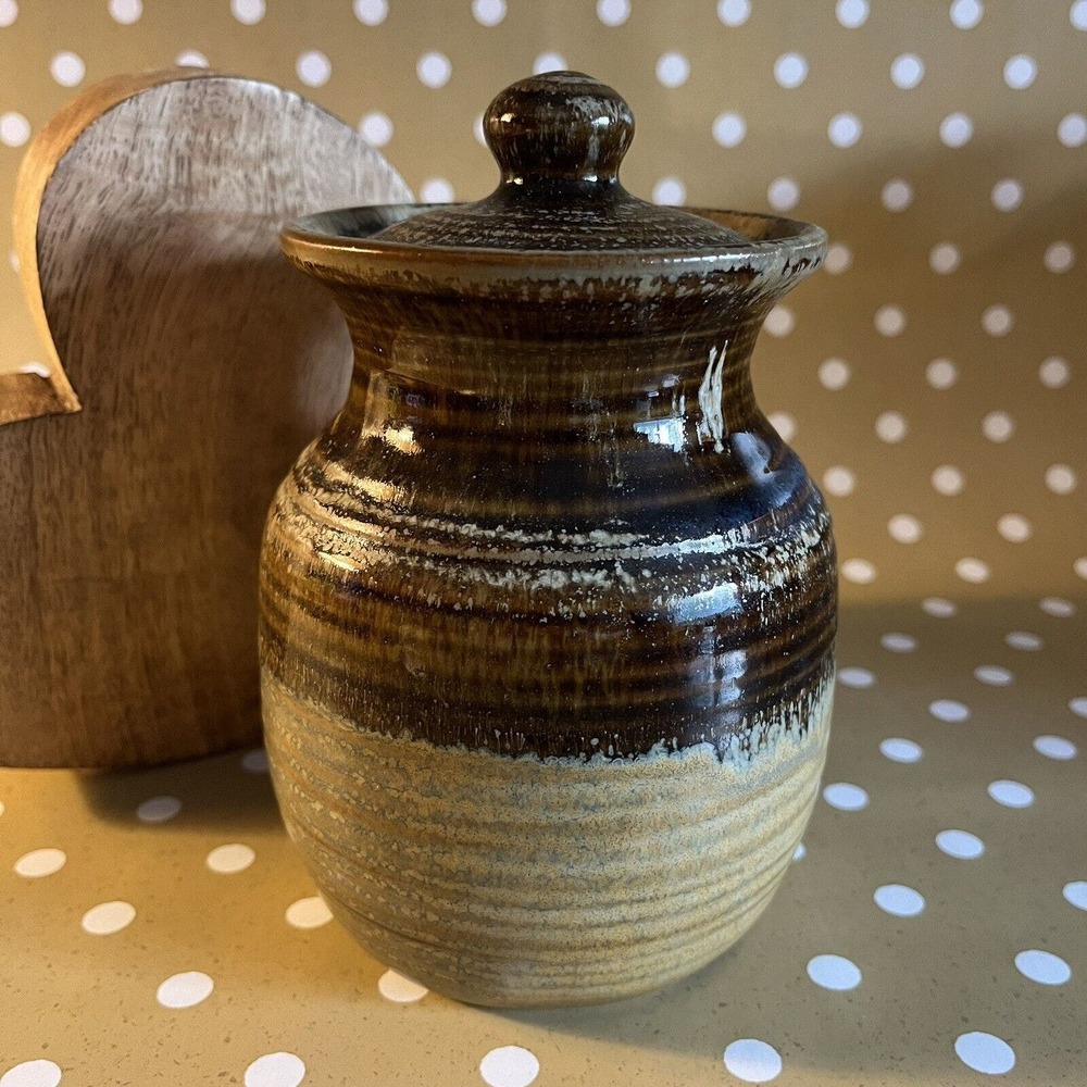 Studio Art Pottery Sugar Pot or Jar w Lid Artist Stamped Apothecary Rustic